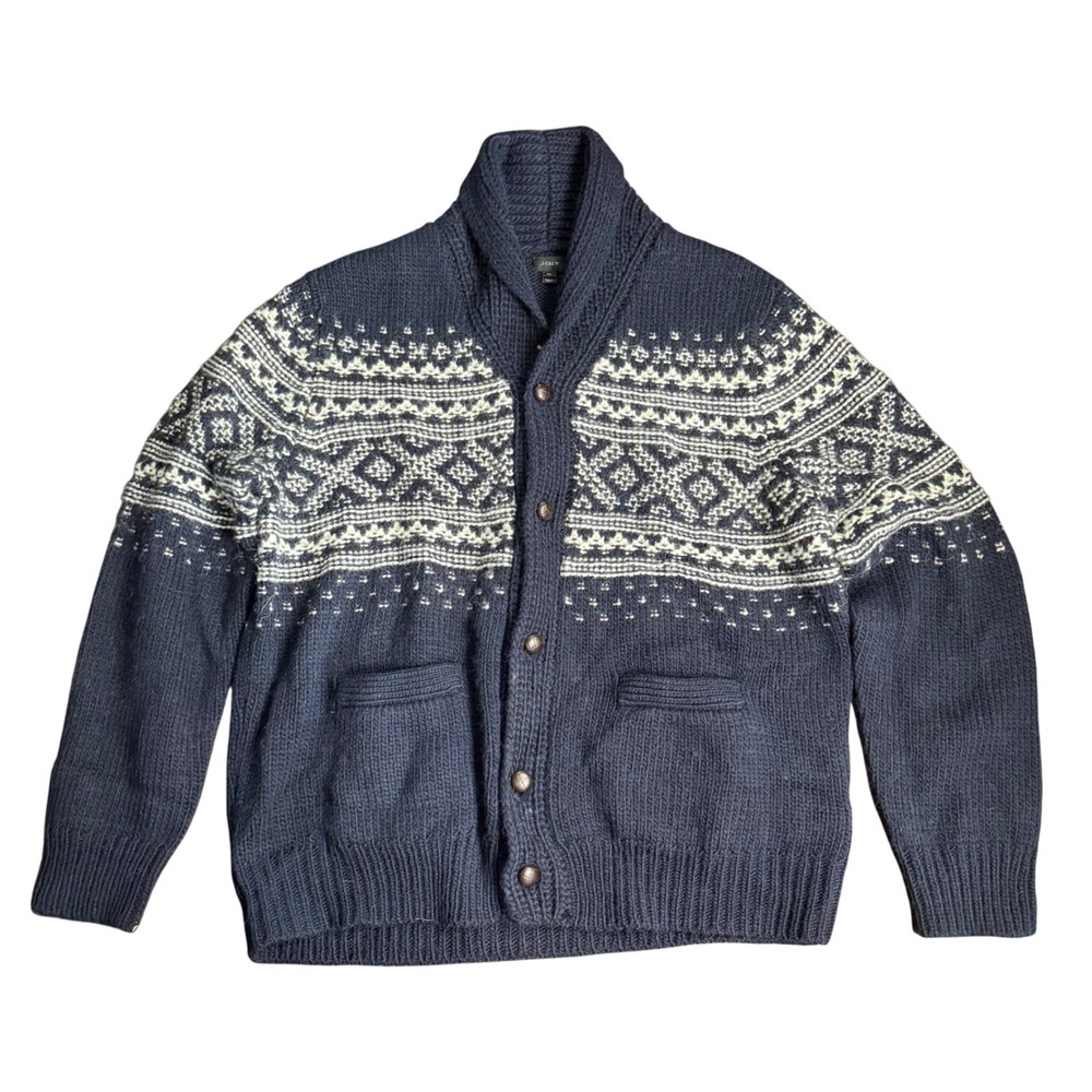 J.Crew Mens Navy Blue Fair Isle Shawl Collar Cardigan Sweater 08368 XL